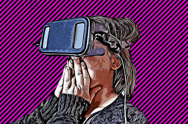 女人虚拟现实眼镜玩技术娱乐