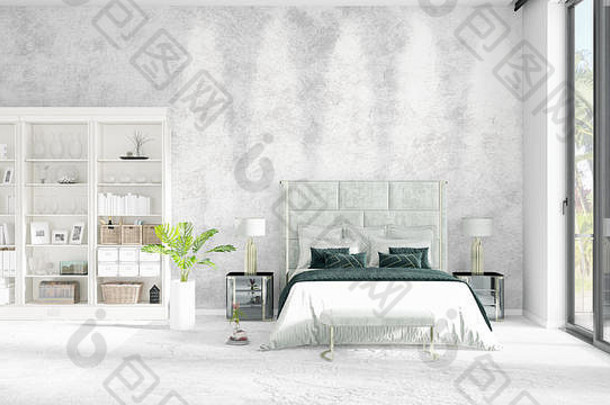 全新室内设计，白色衣架，现代床，时尚感十足。三维渲染。水平排列。