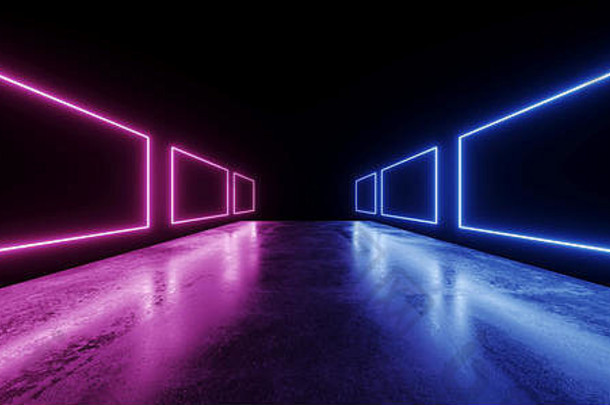 科幻夜霓虹灯秀动感辉光蓝紫色现代未来主义荧光混凝土垃圾地板反射空橱窗入口通道
