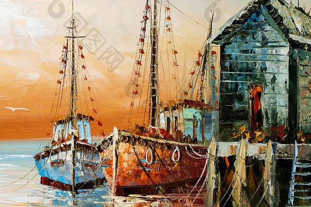 片段绘画厚油漆绘画调色板刀细节描绘渔夫船棚屋港