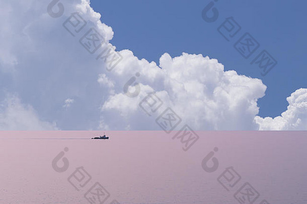 摘要极简主义拼贴画风景优美的视图平静粉红色的海船积云云柔和的颜色流行艺术复制空间