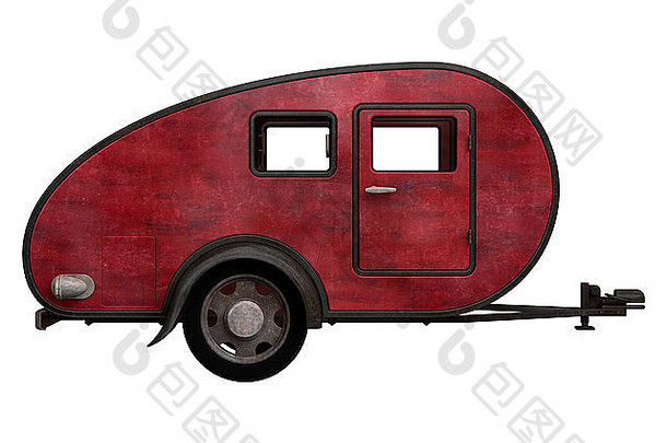 隔离在白色背景上的旧红色露营车的3D数字渲染