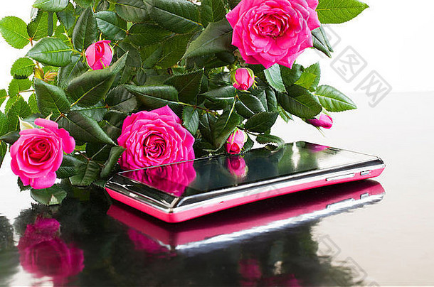 智能手机和玫瑰花束