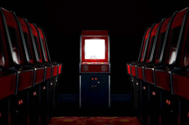 在复古拱廊房间中，一个由关闭的老式拱廊游戏机组成的过道的3D渲染，其中一个在末端，带有照明屏幕