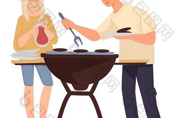 夫妇烧烤肉男人。女人烹饪烧烤周末