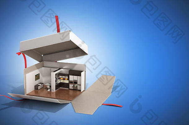 概念公寓作为礼物厨房内部采用开箱3d蓝色渲染