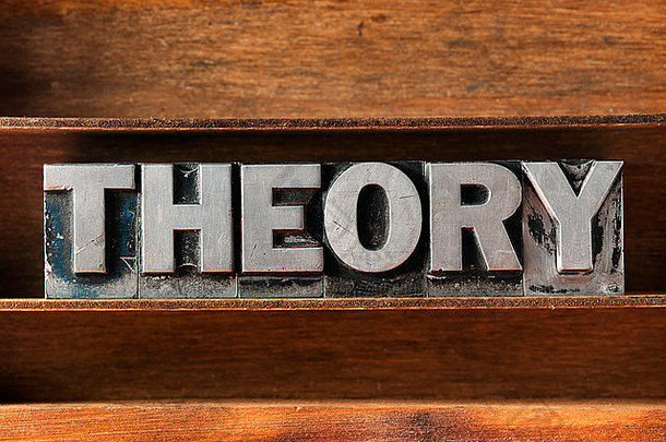 理论单词由木制托盘上的金属活版印刷字体制成
