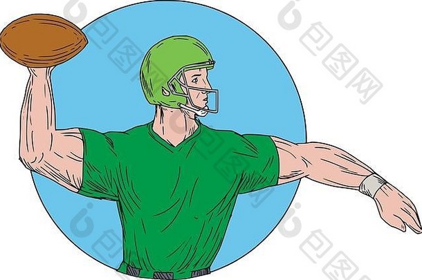 美式橄榄球四分卫球员手臂伸展投掷球的素描式插图，从cir内的侧面观看