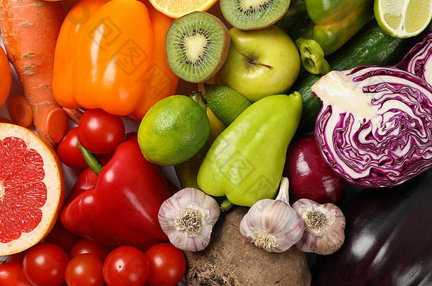 不同的蔬菜和水果背景，俯视图