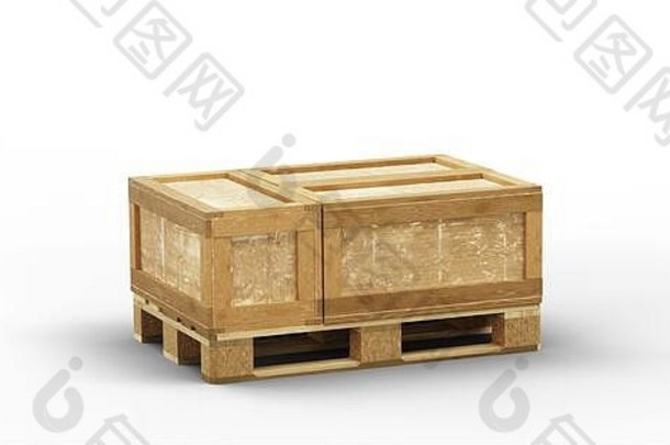 木质托盘，三个木质运输箱，白色背景