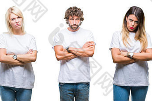 拼贴画集团人穿休闲白色t恤孤立的背景怀疑论者紧张不赞成的表达式脸交叉手臂