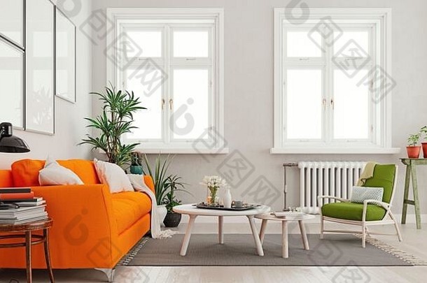 模拟生活房间橙色沙发表绿色椅子现代室内背景公寓大窗户散热器斯堪的那维亚