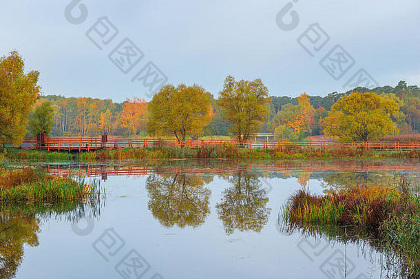 美丽宁静的秋湖和五彩缤纷的树木