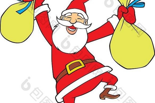 圣诞老人快乐地在空中跳跃，双手各拿一个礼物袋