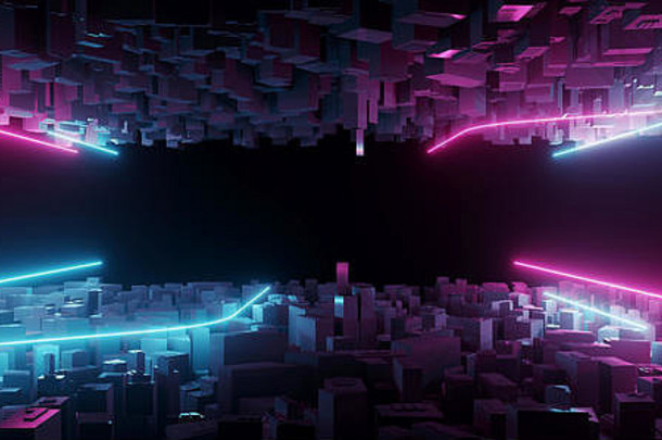 现代高科技科幻未来主义黑夜幻想城市，蓝色和紫色发光线条遍布，中间空间壁纸技术概念空旷