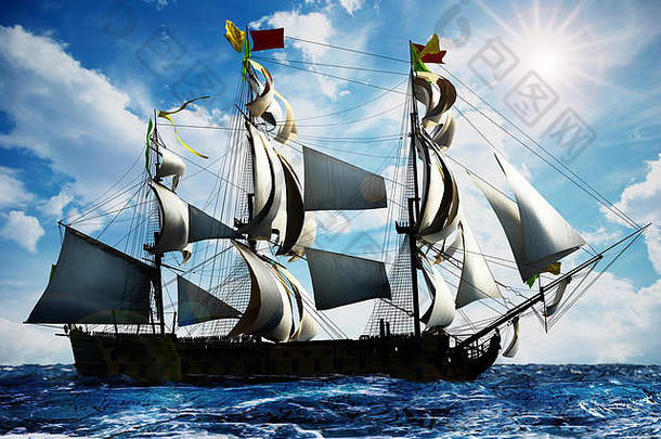 在晴朗的天空下航行在海上的古董帆船。三维插图。
