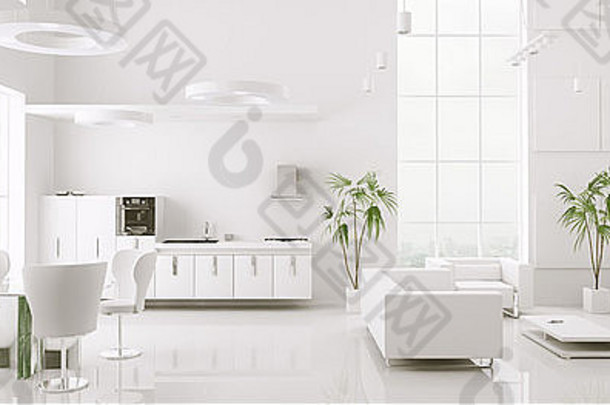 室内现代白色公寓生活房间厨房渲染