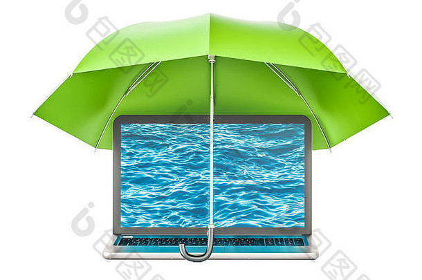 <strong>保护伞</strong>下的笔记本电脑，安全和保护概念。隔离在白色背景上的三维渲染