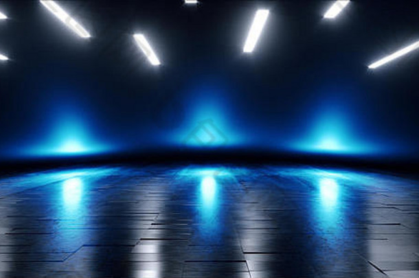 未来主义的<strong>蓝色</strong>的霓虹灯发光sci充满活力的黑暗阶段展示讲台上虚拟现实空反射难看的东西混凝土激光呈现插图