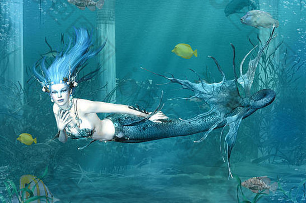 幻想美人鱼游泳蓝色的海洋