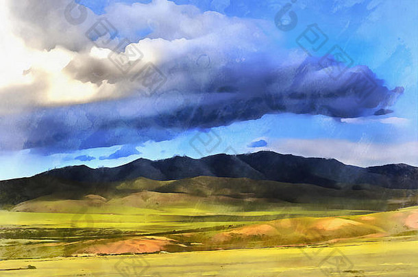 蒙古布尔甘附近山脉的彩色风景画