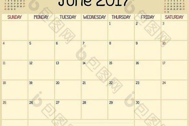 <strong>2017</strong>年6月的月度计划日历。使用自定义手写样式。