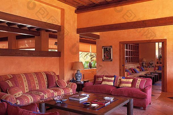 舒适的粉红色的沙发低木表格现代黄橙色的生活房间别墅南部西班牙