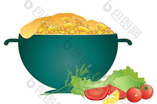 一大碗传统通心粉的插图，白色背景上点缀着奶酪面和新鲜沙拉