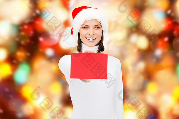 戴着圣诞老人助手帽、红牌空白的女人