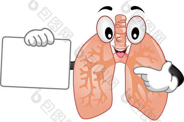 吉祥物插图，一个健康的人的肺，一边拿着一块白板，一边做演示