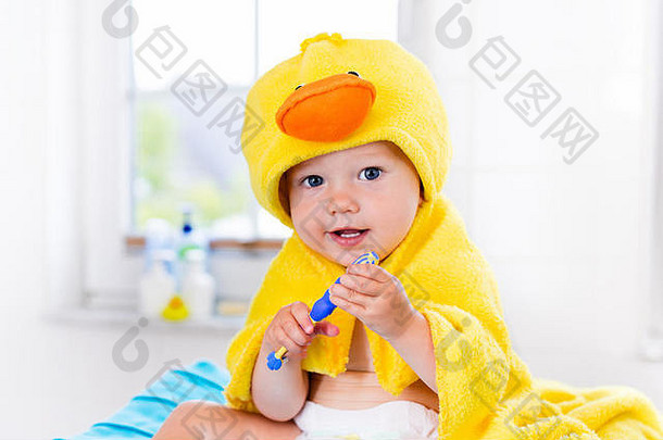 婴儿黄色的鸭毛巾刷牙牙齿改变表格浴婴儿男孩牙刷牙科卫生