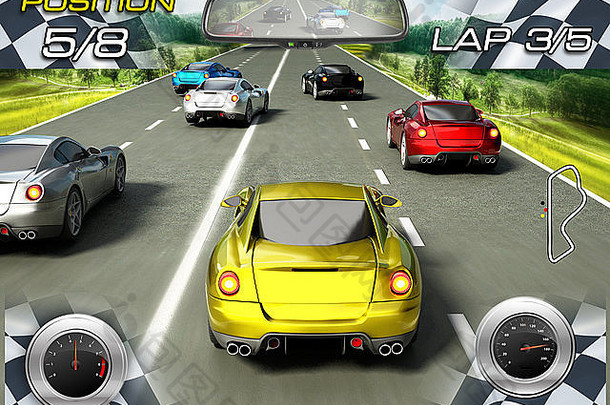 赛车视频游戏屏幕。