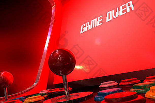 一款复古的街机游戏机，带有明亮的红色发光屏幕，在黑暗的街机背景上以白色阅读游戏