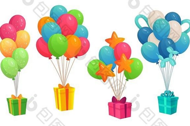 挂在彩色气球上的礼物。不同颜色和形状的生日彩带蝴蝶结盒子