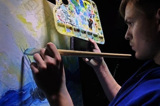 艺术家抄写员油漆海景船海洋工匠装饰画船帆蓝色的海手手机平板电脑电脑