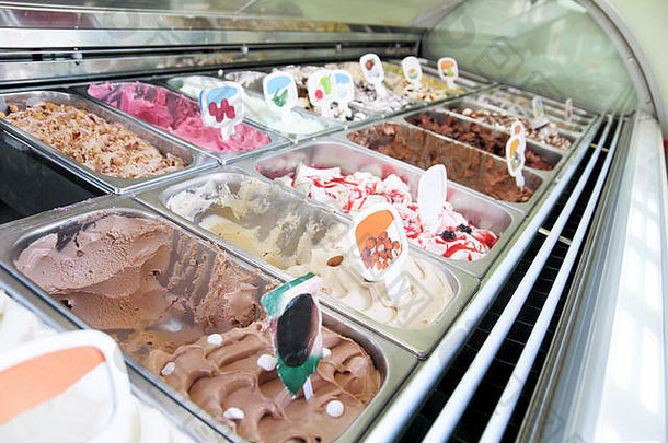冰奶油冰箱奶油水果意大利冰奶油钢服务计数器让人耳目一新甜蜜的scoopable口味冰奶油显示