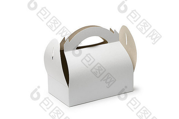 白色背景上隔离的一个打开的纸板糕点盒。这个盒子也可以用来运送蛋糕和饼干。