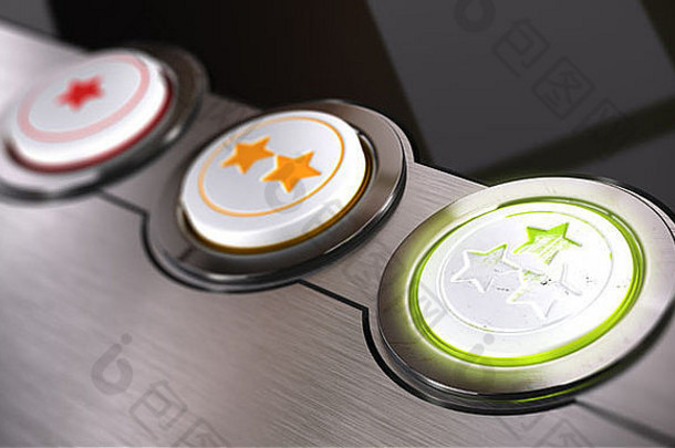 客户反馈概念，基于从一到三颗星，绿色反馈按钮被使用和划伤。