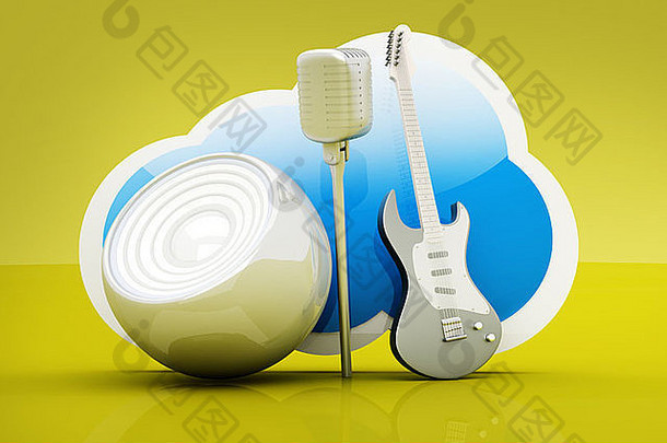 音乐和云计算。3D渲染插图。