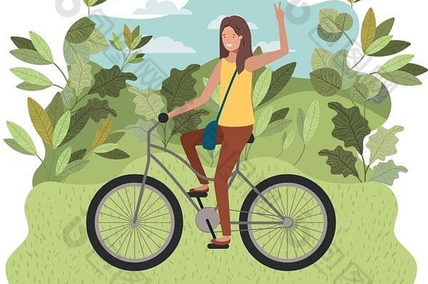 公园里骑自行车的年轻女子