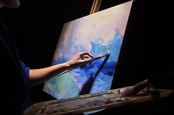 艺术家抄写员油漆海景船海洋工匠装饰画船帆蓝色的海丙烯酸石油颜色画刷刀调色板