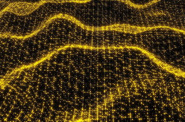 金色闪光波浪设计，抽象金色粒子3d渲染，圣诞节背景