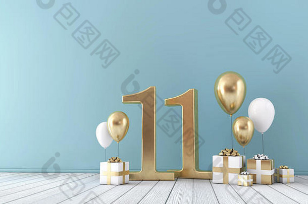 11号派对庆祝室，有金色和白色的气球和礼品盒。
