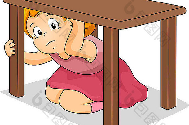 一个女孩躲在桌子下面的插图