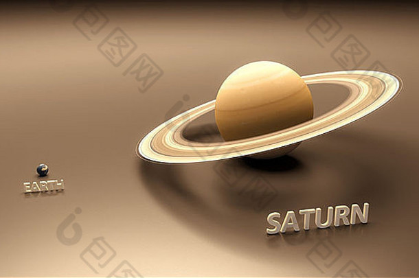 带有标题的地球和土星行星之间的渲染尺寸对比表。