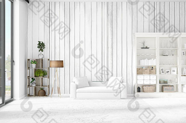 时尚的现代阁楼内部，白色沙发和水平布置的文案空间。三维渲染。