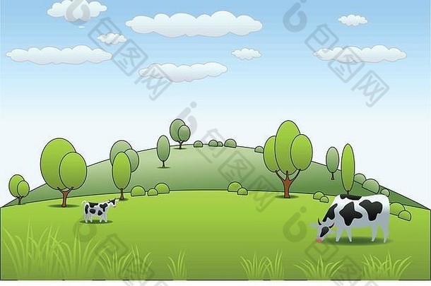 郁郁葱葱的绿色农场牛