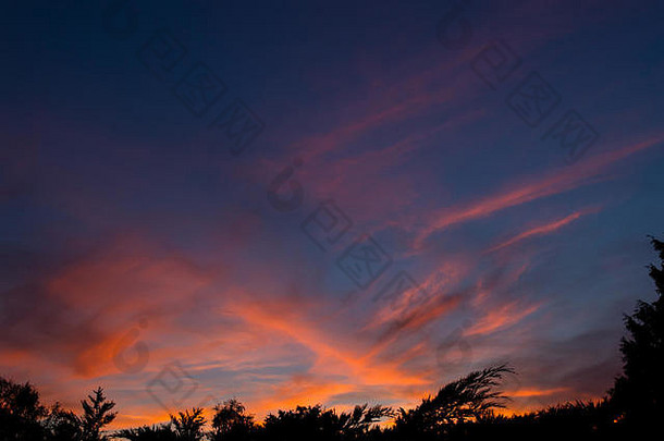 秋天晚上日落弗雷明汉萨福克郡英格兰纤细的稀疏的粉红色的金橙色纤细的高高度卷积<strong>云云</strong>
