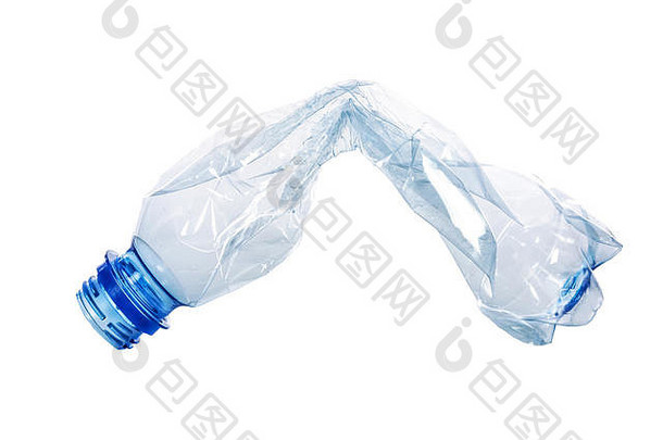 单皱巴巴的塑料蓝色的瓶孤立的白色背景特写镜头