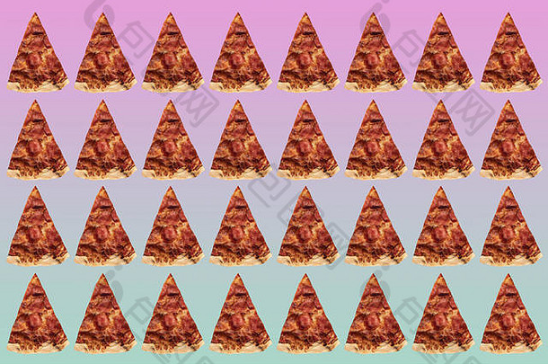 粉色和绿色渐变背景上的比萨饼图案。